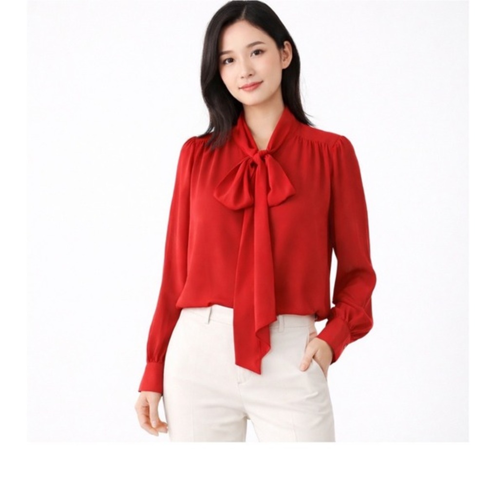 Eva Mendes New York & Co Red Bow Blouse Tie‎ Neck Sheer S Soft Femininity 79-47